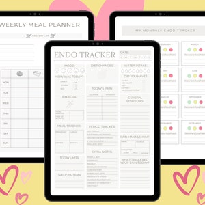 May include: Two digital planners, one for weekly meal planning and the other for monthly endometreosis tracking. The meal planner has a grocery list, a daily meal tracker, and a section for exercise. The endometreosis tracker has sections for mood, diet changes, pain, water intake, general symptoms, period tracker, pain management, and extra notes.