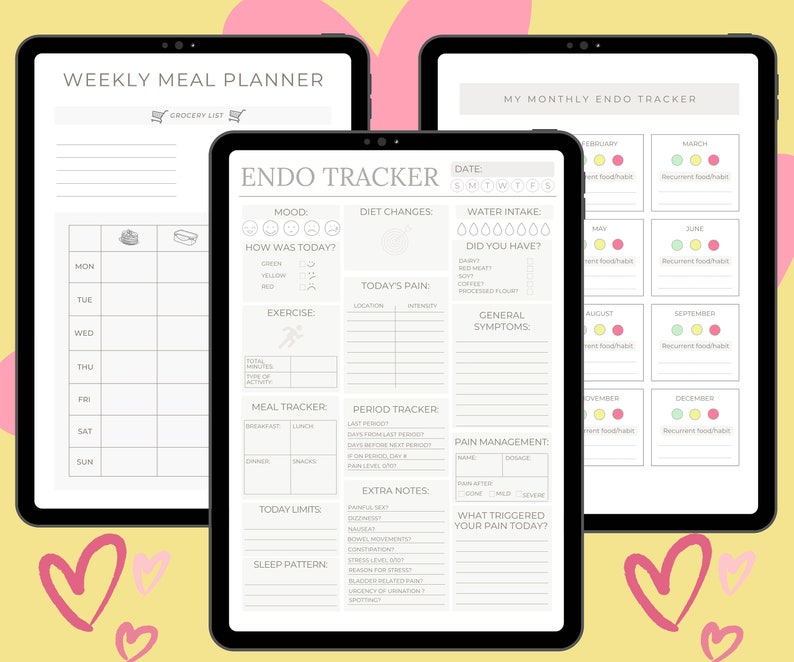 May include: Two digital planners, one for weekly meal planning and the other for monthly endometreosis tracking. The meal planner has a grocery list, a daily meal tracker, and a section for exercise. The endometreosis tracker has sections for mood, diet changes, pain, water intake, general symptoms, period tracker, pain management, and extra notes.