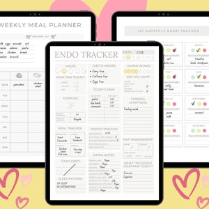May include: A digital planner with a weekly meal planner and a monthly endo tracker. The meal planner has a grocery list and a daily meal tracker. The endo tracker has sections for mood, diet changes, water intake, pain, exercise, meal tracker, period tracker, extra notes, sleep pattern, and pain management. The endo tracker also has a monthly calendar with a food habit tracker.