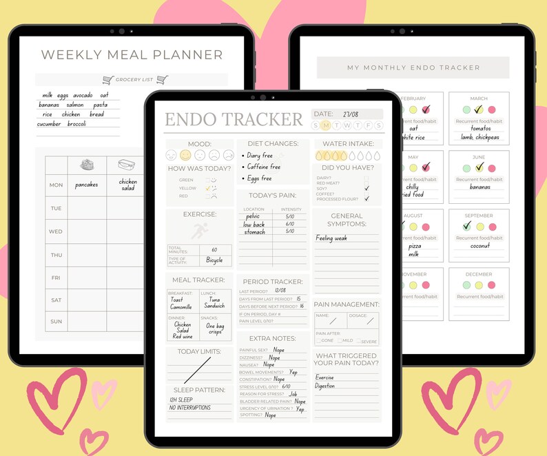May include: A digital planner with a weekly meal planner and a monthly endo tracker. The meal planner has a grocery list and a daily meal tracker. The endo tracker has sections for mood, diet changes, water intake, pain, exercise, meal tracker, period tracker, extra notes, sleep pattern, and pain management. The endo tracker also has a monthly calendar with a food habit tracker.