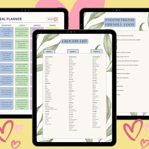 May include: A digital planner with a green and white floral design. The planner is divided into three sections: Meal Planner, Grocery List, and Endometriosis Friendly Food. The Meal Planner section includes a weekly meal plan with breakfast, lunch, snacks, and dinner options. The Grocery List section includes a list of vegetables, fruits, protein, grains, and other food items. The Endometriosis Friendly Food section includes a list of foods that are recommended for people with endometriosis.