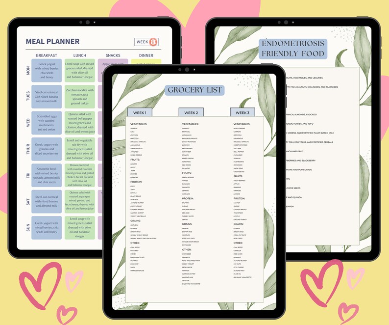 May include: A digital planner with a green and white floral design. The planner is divided into three sections: Meal Planner, Grocery List, and Endometriosis Friendly Food. The Meal Planner section includes a weekly meal plan with breakfast, lunch, snacks, and dinner options. The Grocery List section includes a list of vegetables, fruits, protein, grains, and other food items. The Endometriosis Friendly Food section includes a list of foods that are recommended for people with endometriosis.
