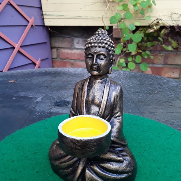 Bespoke Handmade Concrete Hand Painted Sitting Buddha Tea Light Holder Garden or Home Ornament Decoration