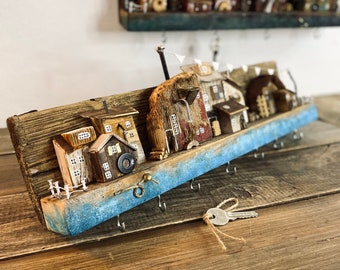 Driftwood Houses Key Holder - Rustic Coastal Decor, Unique Wall Organizer, Beach Cottage Gift, Wooden Key Rack, Nautical Home Accessory