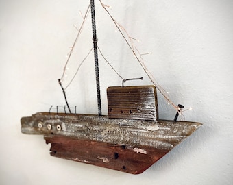 Handmade Driftwood Ship Wall Art, Reclaimed Wood Boat (30x38x2 cm)