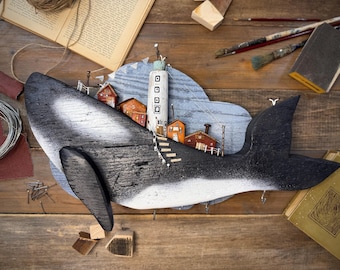 Handmade Wooden Whale Wall Art, Nordic Cottage Scene, Key Hanger