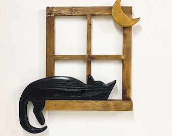 Reclaimed Wood Cat Wall Decor, Lazy Cat on Window, Moon Art
