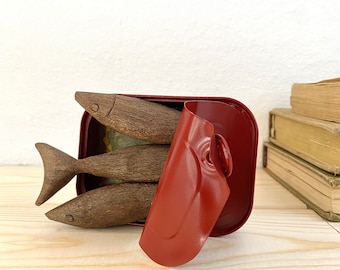 Sardine tin Art - wooden fish sardines , Wooden Tin Art, Unique Sardine Can tin Cottage Decor, wooden fish, sardines in tin