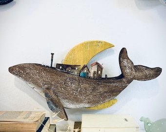 Wooden Whale Decor - Sperm Whale Wall Art with Little Houses & Moon - Nautical Home Wall Decoration, Handmade Coastal Gift