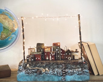 Reclaimed Wood Art, Driftwood Village, Wooden Little Houses, Handmade Cottage Decor, Eco-Friendly Coastal Home Decor