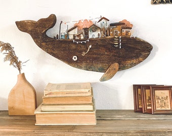 Reclaimed Wood Whale Wall Art, Rustic Village Scene