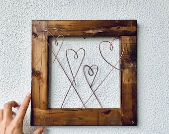 Wooden wall decoration, wooden distressed frame with 4 copper wire hearts,wood and wire, wire art, wood frame,wire  hearts