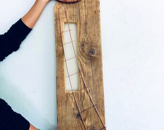 Wooden wall decarative house and wire ladder, mix art creation, wooden moon, crescent moon, metallic ladder, reclaimed wood house decor