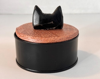 wooden cat mini jewelry box, tuna tin art, metallic upcycled coin box, wooden cat shape
