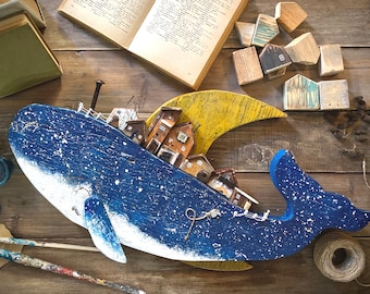Wooden Whale Wall Art , Small Cottage Scene and  Moon on Whale ,Handmade Wooden Village Decor , Unique Nautical Home Decor