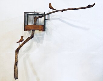 Wood Decorative Birds on Branch,Hand Carved Wooden Cage and Art Composition | Unique Home Decor,Nature Inspired Gift,symbolic art