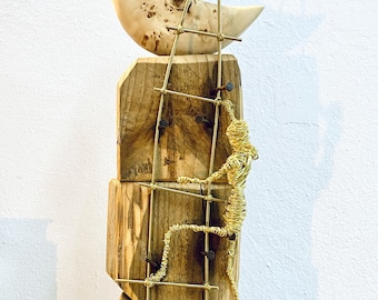 Wooden Moon Sculpture , Reclaimed Wood Art and Wire Decor, Symbolic Home Decor, Unique Wooden Gift, Handmade Wire Art