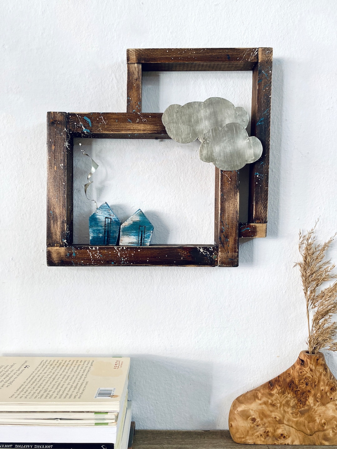 Wooden Frame Little Houses, Reclaimed Wood Wall Art, Wood and Metal