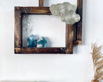 Wooden frame little houses, reclaimed wood wall art, wood and metal wire art, small wooden houses,decarative frame, metal clouds