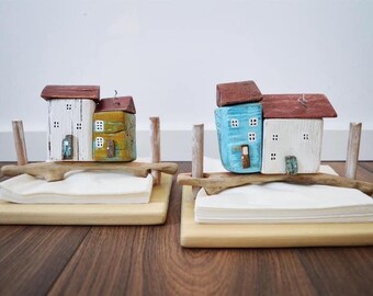 Napkin Holder,Rustic Driftwood Scene, Cute Cottage Table Decor and Kitchenware, Charming Little House Art for Home