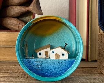 Sardine Can Art - Driftwood Small Houses, Wooden Cottage Tin Art, Unique Sardine Can Cottage Decor,driftwood scene,