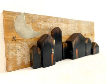 Reclaimed Wood House Sculpture, Metal Moon, Miniature Wooden Cabins