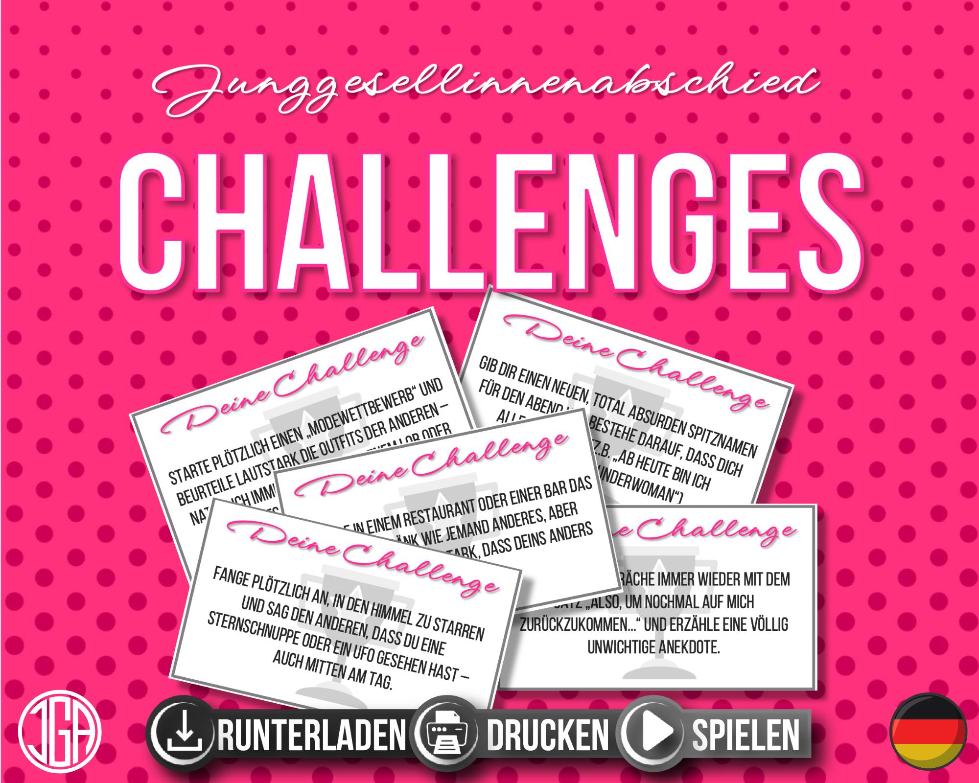 JGA Challenges Spiele | lustige Aufgaben für den JGA | Junggesellinnenabschied I Spielvorlagen zum Ausdrucken I deutsch I Pdf Datei