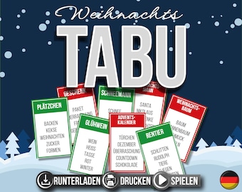 Pode incluir: Um jogo digital com tema natalino com a palavra "TABU" em letras brancas grandes. Vários cartões com palavras alemãs como "Plätzchen" e "Weihnachtsbaum" são exibidos. O fundo é azul escuro com flocos de neve e árvores de Natal.