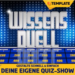 Könnte beinhalten: Ein digitales Quizshow-Template mit dem Titel "WISSENS DUELL" in silbernen Buchstaben. Das Design zeigt einen blauen Hintergrund mit einem Raster aus Lichtern und einem Spielbrett-Layout mit Kategorie- und Punktwerten.