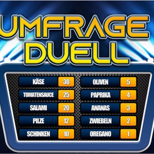 Könnte beinhalten: Ein blaues und gelbes Spielbrett mit dem Text "UMFRAGE DUELL" oben. Das Brett listet verschiedene Beläge mit ihren entsprechenden Punkten auf, wie "Käse 30", "Oliven 5", "Tomatensauce 25", "Paprika 4", "Salami 20", "Ananas 3", "Pilze 12", "Zwiebeln 2", "Schinken 10" und "Oregano 1".
