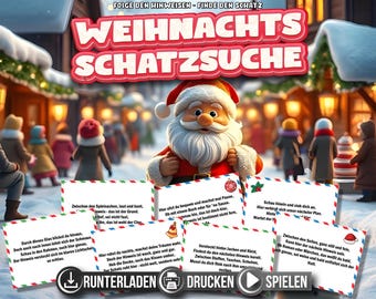 Pode incluir: Uma imagem com tema natalino com o Papai Noel e um jogo de caça ao tesouro. O jogo inclui cartas com pistas e o texto "WEIHNACHTS SCHATZSUCHE". O fundo mostra uma cena de vila nevada, com as palavras "RUNTERLADEN", "DRUCKEN" e "SPIELEN".