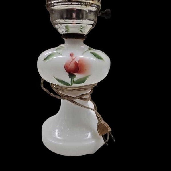 Vintage Lamp White Milk Glass Painted Rose Hobnail Works Floral