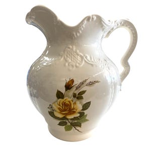Vintage Ceramic Pitcher With Yellow Rose Design & Embossed Details