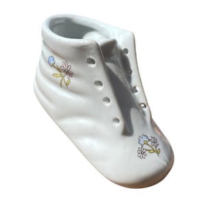Vintage Ceramic Baby Shoe Planter Decor White Floral Design