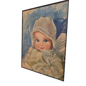 Vintage gerahmtes Babyporträt durch Maud Tousey Fangel-Pastelldruck in den sanften Farbtönen