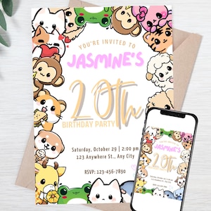 Bearbeitbare niedliche Kawaii entzückende Tiere Geburtstag digitale Vorlage personalisierte anpassbare Einladung Sofort Download