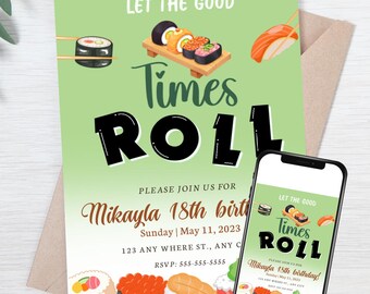 Convite para festa de sushi - Convite para rolinhos de sushi personalizável - Pacote perfeito para amantes de sushi, toppers para cupcakes, banner para sushi