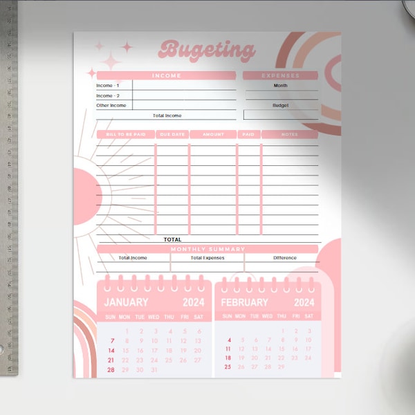 Annual new year budgeting sheets Boho cute design (pink, blue, beige/brown, purple, sage)