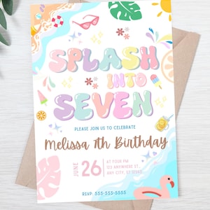 Éclaboussures modifiables en sept 7e anniversaire, invitation à une fête à la piscine, été girly, 7e natation, Splash Pad, invitation à une fête, modèle numérique 1-9 numéros