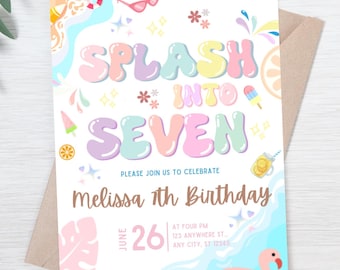Edytowalny Splash into SEVEN 7th Birthday Pool Party Invitation Dziewczęcy letni 7th Swimming Splash Pad Party Invite Cyfrowy szablon 1-9 cyfr