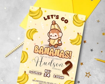 Lets go bananas Monkey themed birthday party invitations, party decor, party favor cute kawaii money bananas banner cupcake toppers Instant