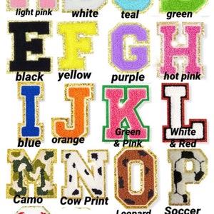 May include: A set of 19 iron-on felt letters in various colors and patterns. The letters are A through R and include colors like light pink, white, teal, green, black, yellow, purple, hot pink, blue, orange, green and pink, white and red, camo, cow print, leopard, and soccer.