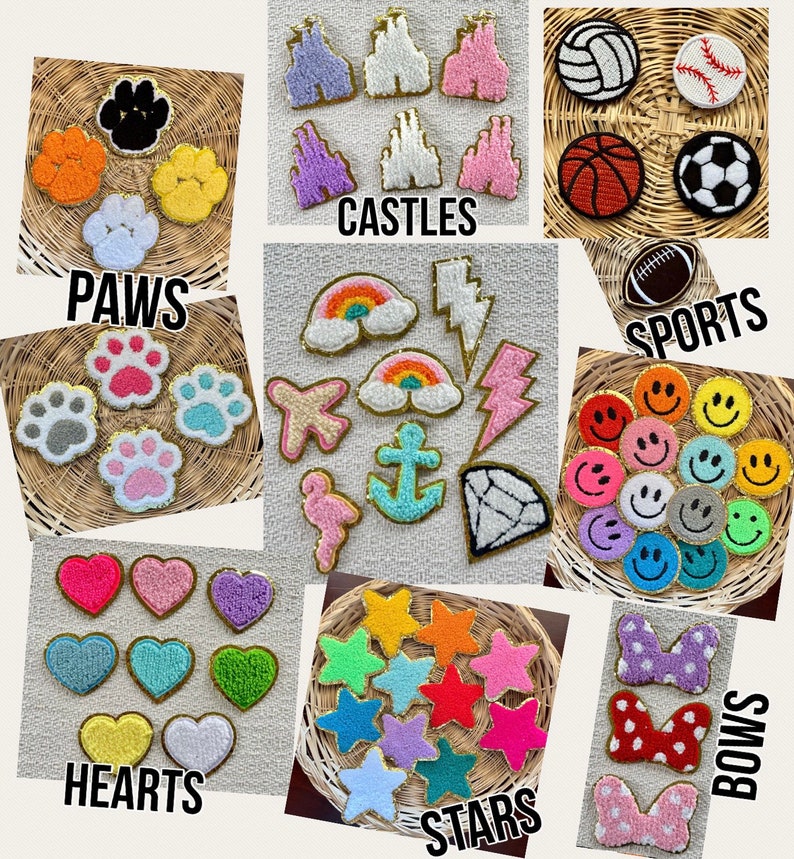 May include: Assortment of colorful felt patches in various shapes, including paws, castles, sports, smiley faces, hearts, stars, and bows. Each patch has a gold outline.