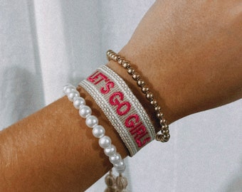 Let’s go Girls Bracelet Stack | Woven Adjustable Embroidered Tassel Bracelet | 3 Piece Gold Pearl Beaded Bracelet Stack