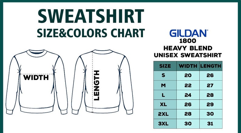 May include: Size chart for a Gildan 1800 heavy blend unisex sweatshirt. The chart shows the width and length measurements in inches for sizes S, M, L, XL, 2XL, and 3XL.