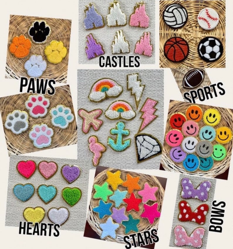 May include: Assortment of colorful felt iron-on patches in various shapes and designs, including paw prints, castles, sports, smiley faces, hearts, stars, and bows. The patches are arranged in a grid on a light brown background.