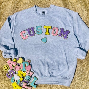 Custom Chenille Patch Sweatshirts | Glitter & Chenille Varsity Letter Patch Crewneck Sweatshirt | Personalized Custom Gift