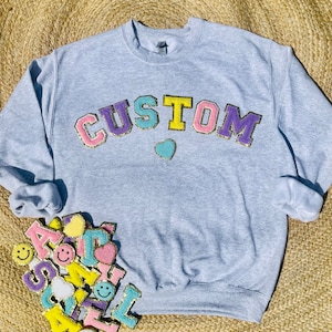 Custom Chenille Patch Sweatshirts | Glitter & Chenille Varsity Letter Patch Crewneck Sweatshirt | Personalized Custom Gift