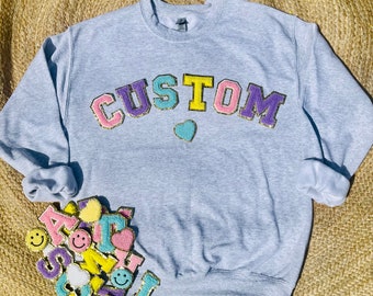 Custom Chenille Patch Sweatshirts | Glitter & Chenille Varsity Letter Patch Crewneck Sweatshirt | Personalized Custom Gift