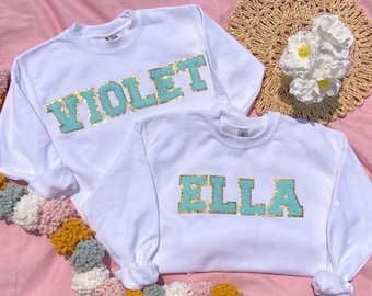 Custom Kids Chenille Patch Sweatshirts | Personalized Kids Name Sweatshirt | Glitter & Chenille Varsity Letter Patch Crewneck Sweatshirt